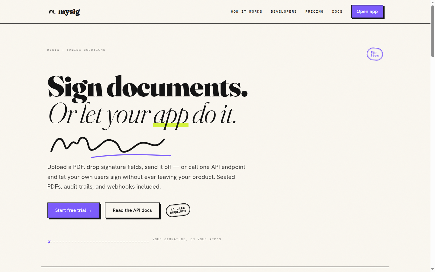 mysig landing page — API-first e-signature platform for sending, signing, and sealing PDF documents