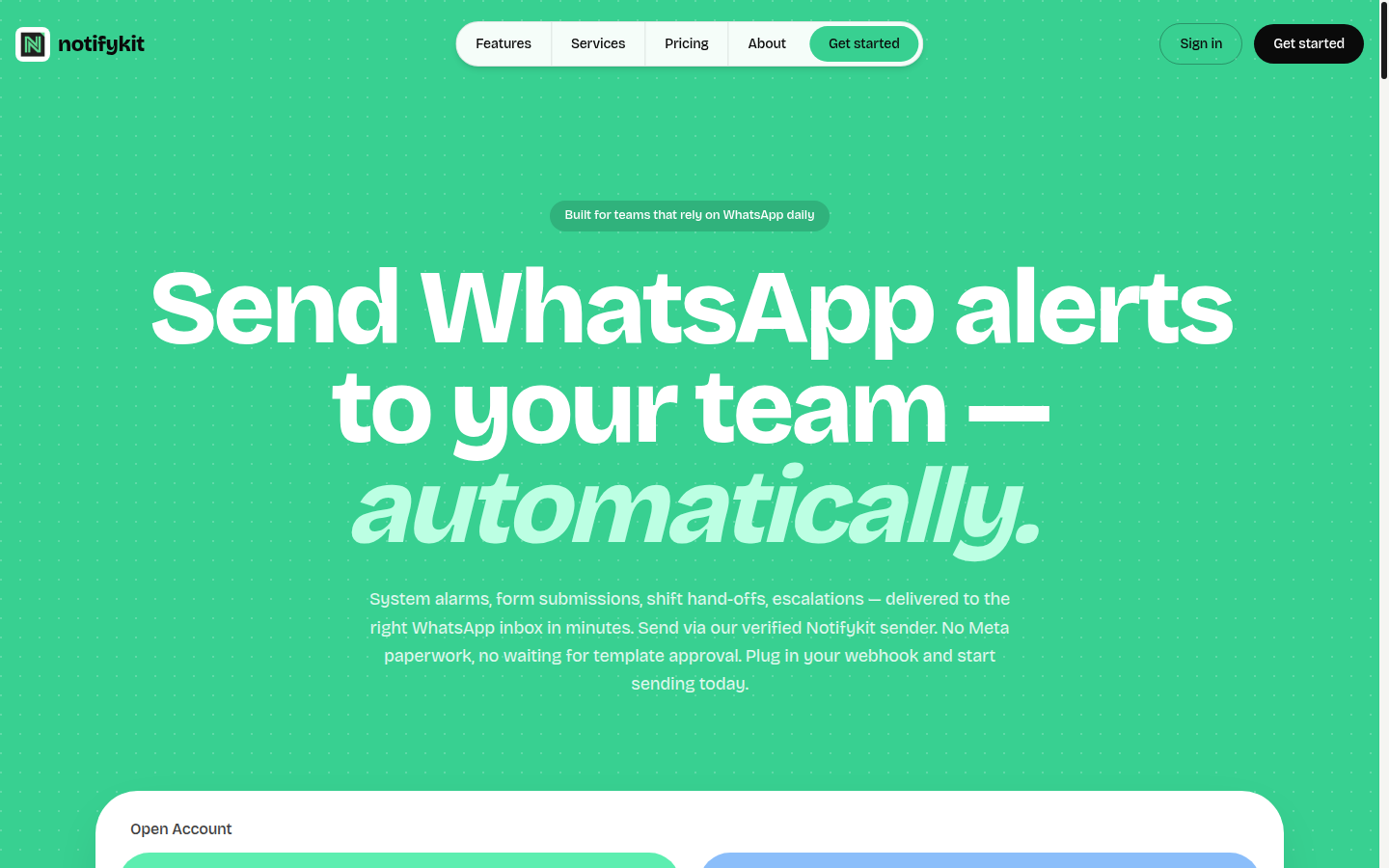Notifykit dashboard showing WhatsApp alerts and workflow management for operations teams
